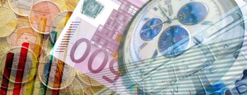Peníze - graf - čas - stopky - eura - bankovky a mince